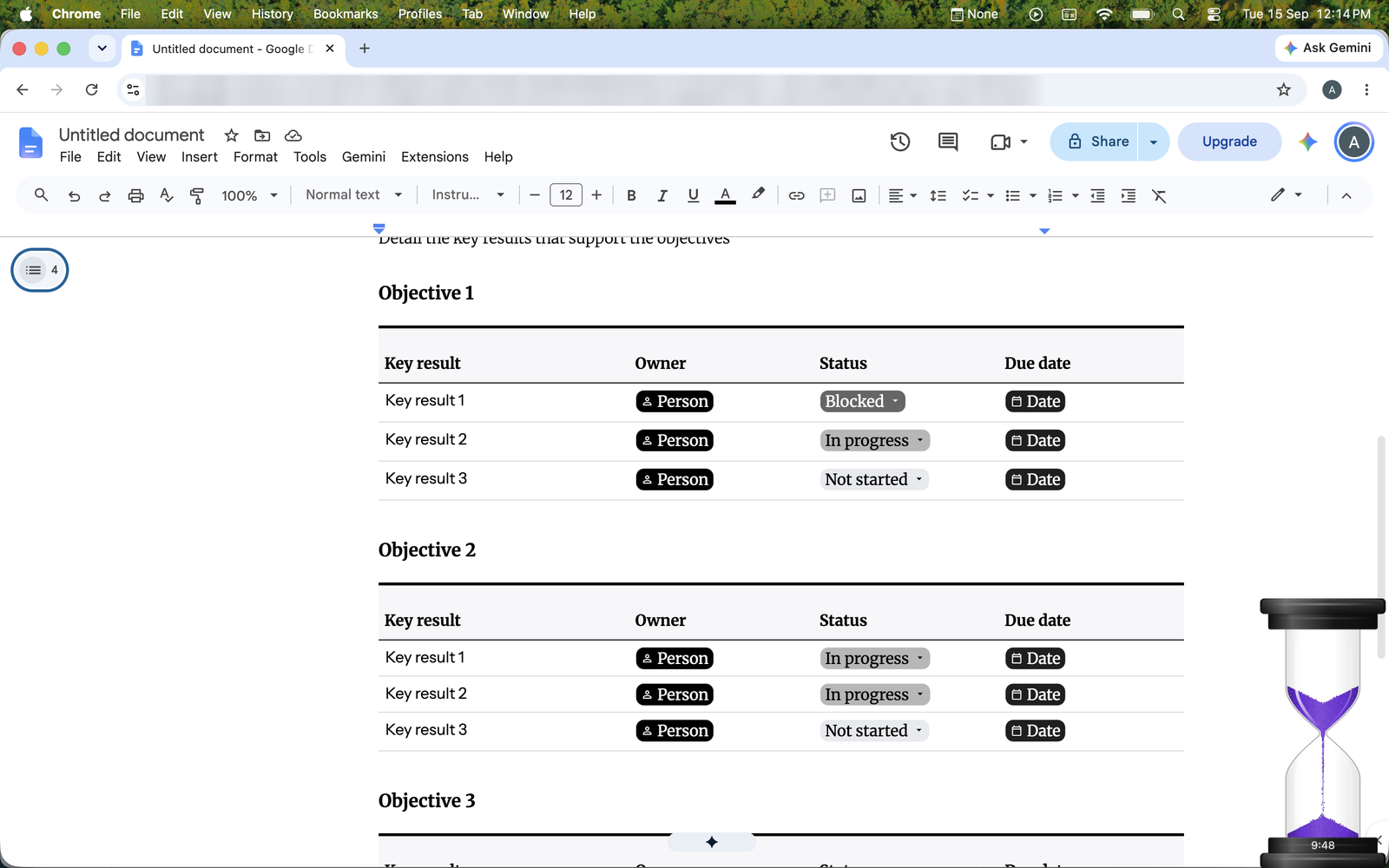 A Mac screen with a document open in Chrome and the Sand Timer standing in the bottom-right corner, with 9:48 left on its base