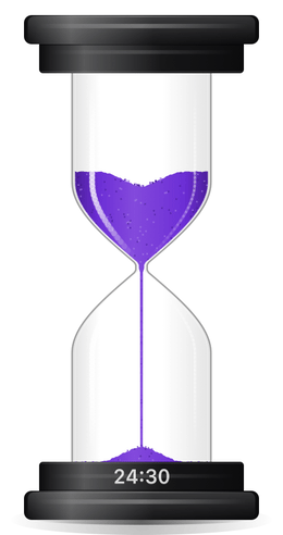 The timer running: sand falls in a stream from the top chamber, hollowing a crater as it drains and building a pile below, while the display in the base counts down