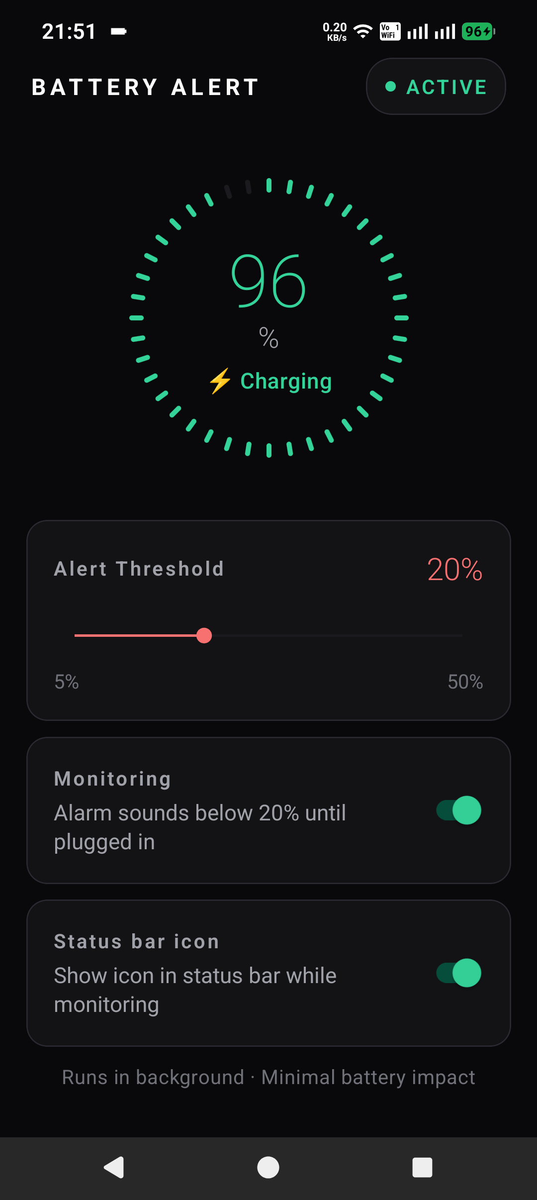 Battery Alert app screenshot